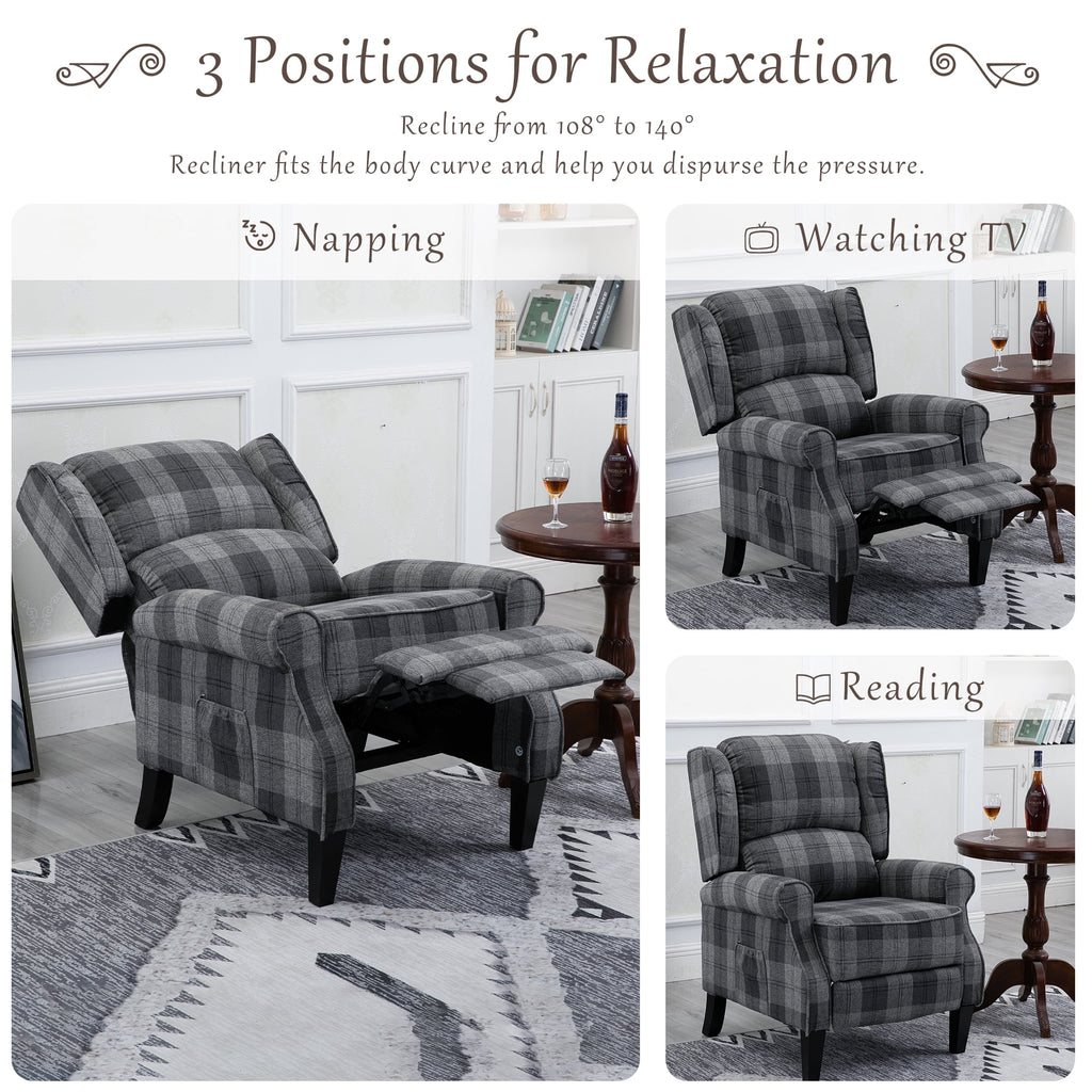 Gray Check Upholstered Recliner Chair with Adjustable Footrest and Side Pocket C748