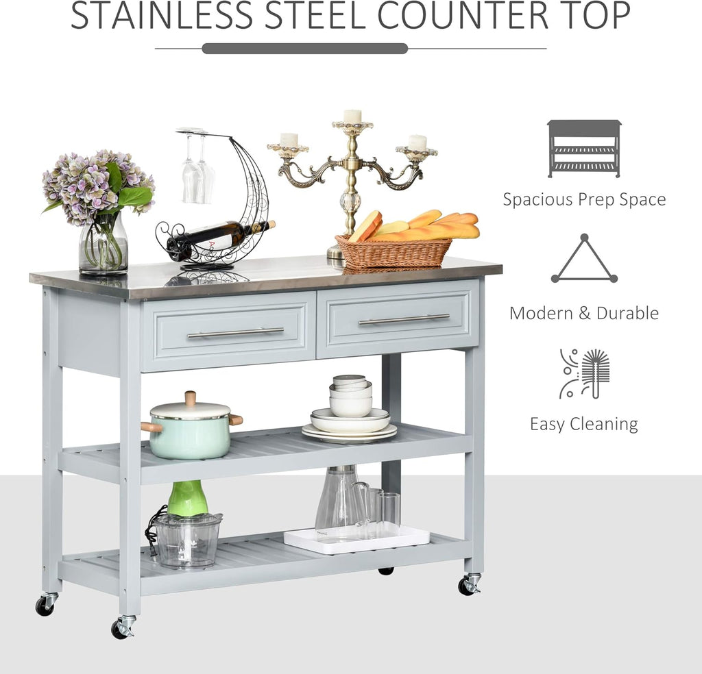Grey Stainless Steel Top Rolling Utility Cart with Drawers and Shelves P3055