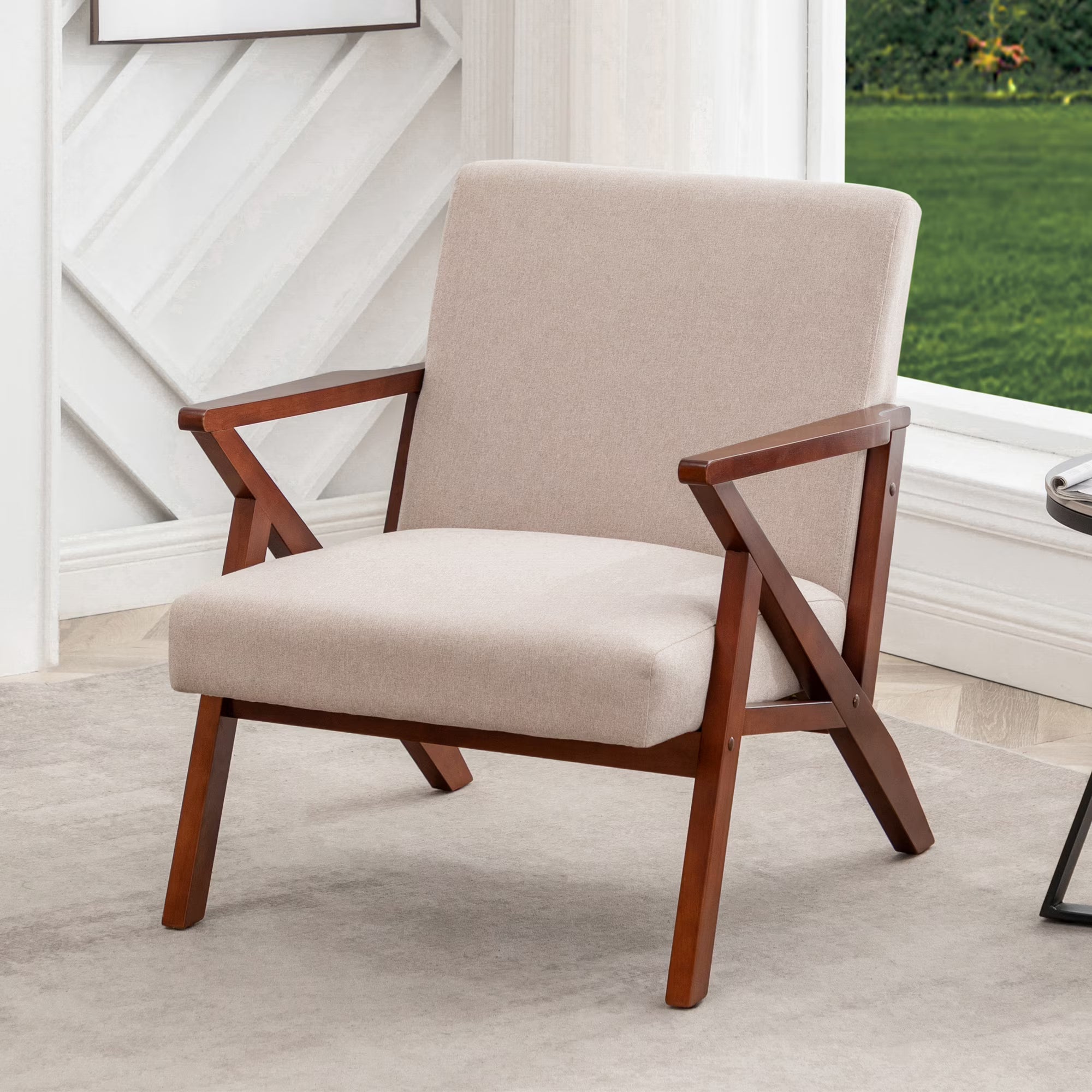 Sandy Beige Fabric Accent Chair with Espresso Frame N716