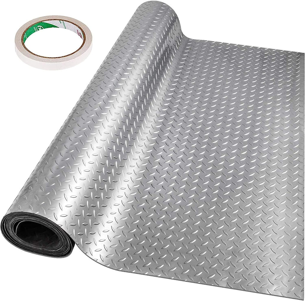 Vinyl Garage Floor Mat 4.9x13ft Anti-Slide Diamond Texture Silver PVC Garage Flooring Roll D815