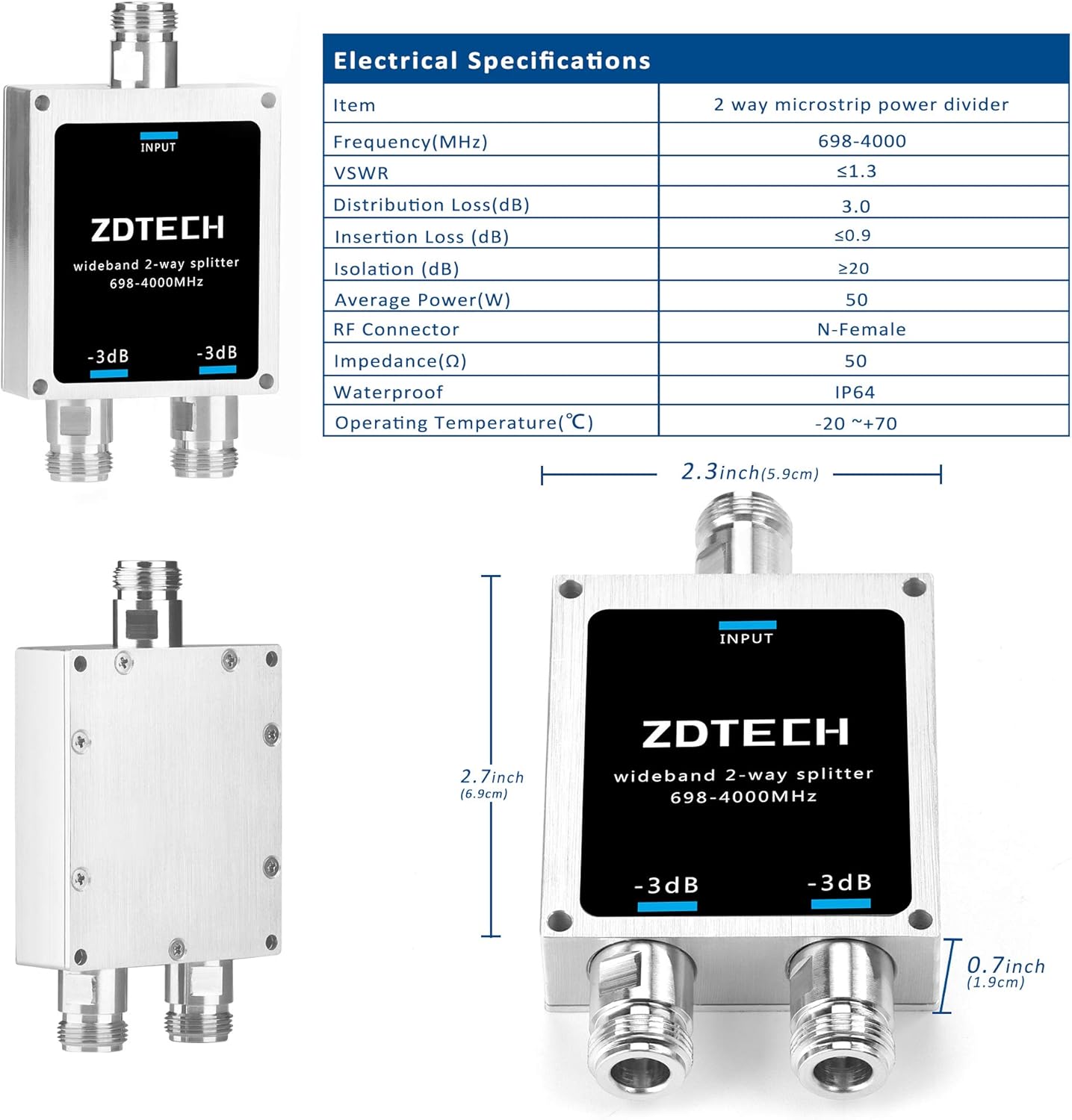 2-Way Splitter with N-Female Connectors 50 Ohm Pack of 2 S56198