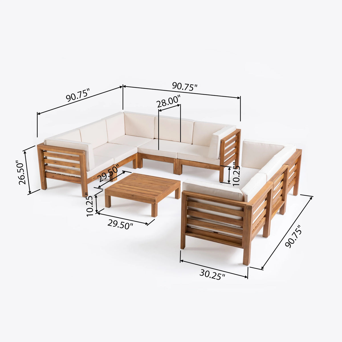 9 Piece Acacia Wood Sectional Sofa Set with Coffee Table and Cushions A8526