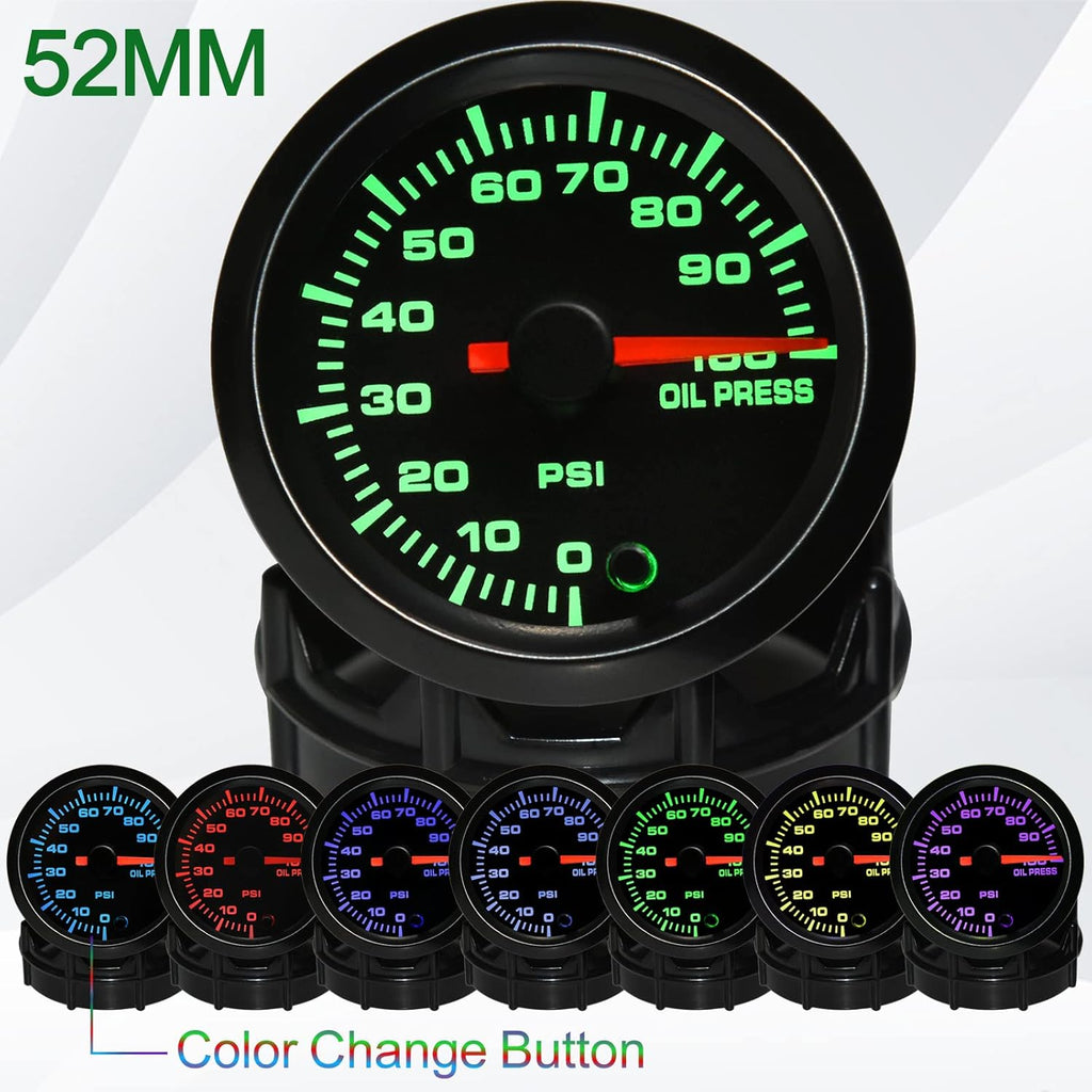 7 Color 100 PSI Oil Pressure Gauge Kit 52mm with Pressure Sensor Pack of 2 P80564