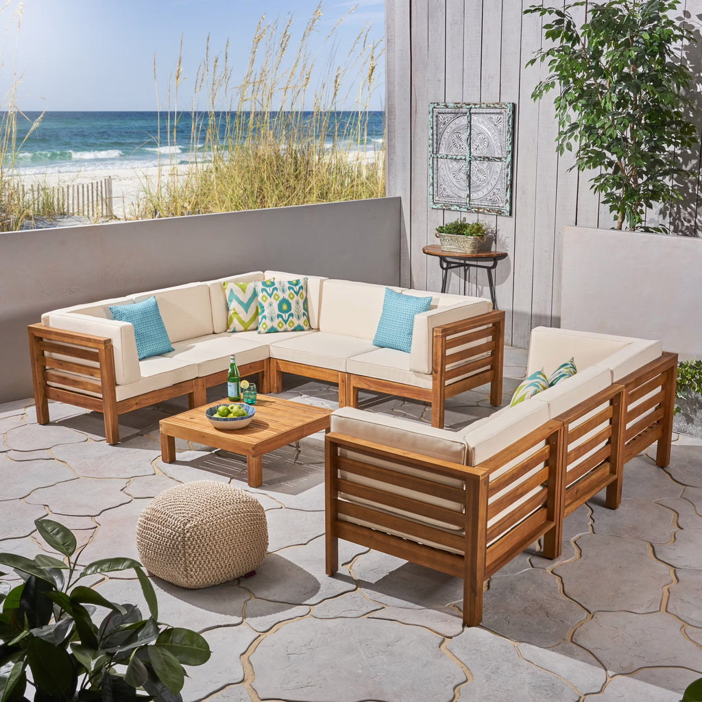 9 Piece Acacia Wood Sectional Sofa Set with Coffee Table and Cushions A8526