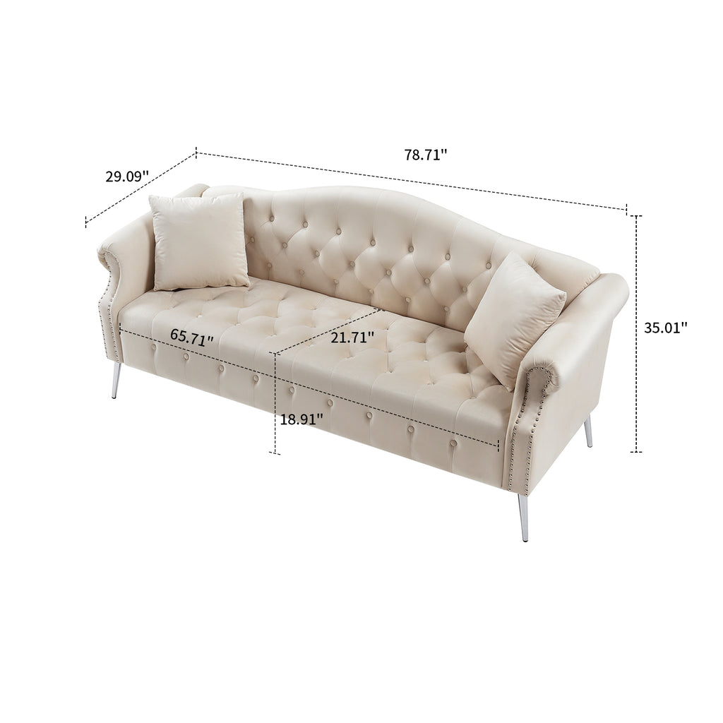 Beige Velvet Three-seat Sofa with Roll Armrest and Metal Legs M86338