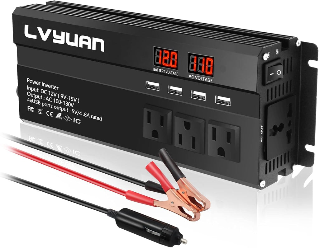 1000W Car Power Inverter DC 12V to 110V AC with 4 Outlets, 4 USB Ports, Red Pack of 2 H477488