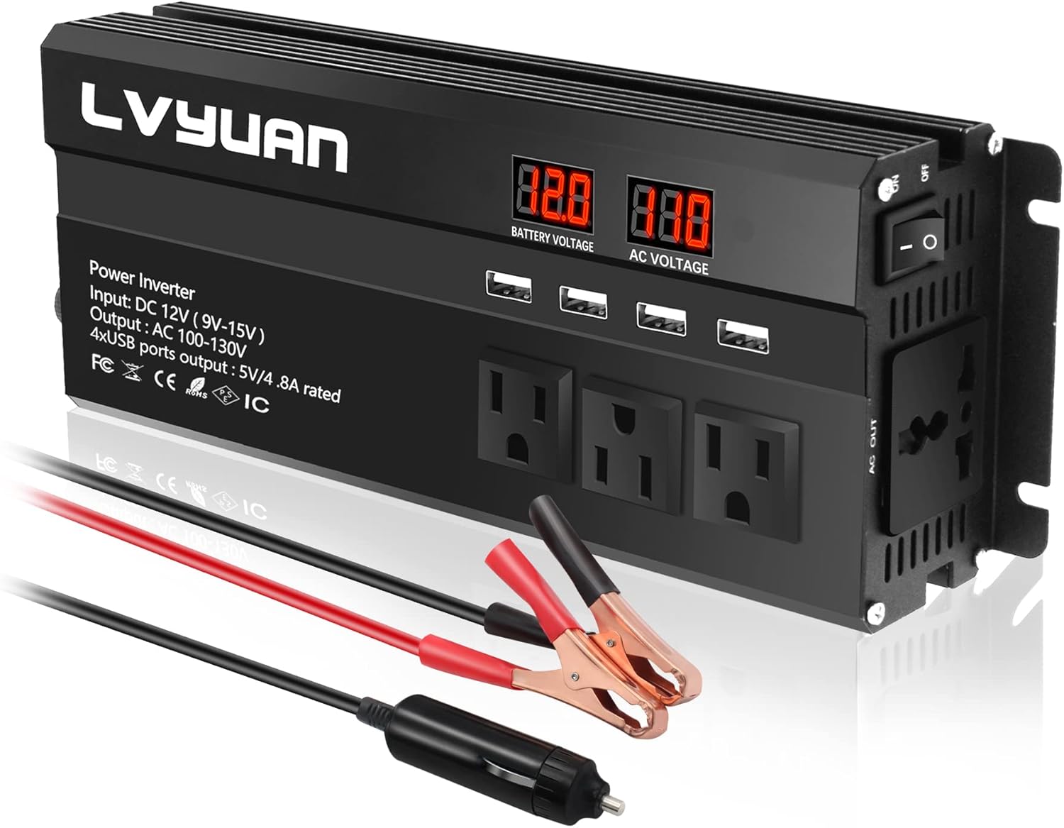 1000W Car Power Inverter DC 12V to 110V AC with 4 Outlets, 4 USB Ports, Red Pack of 2 H477488