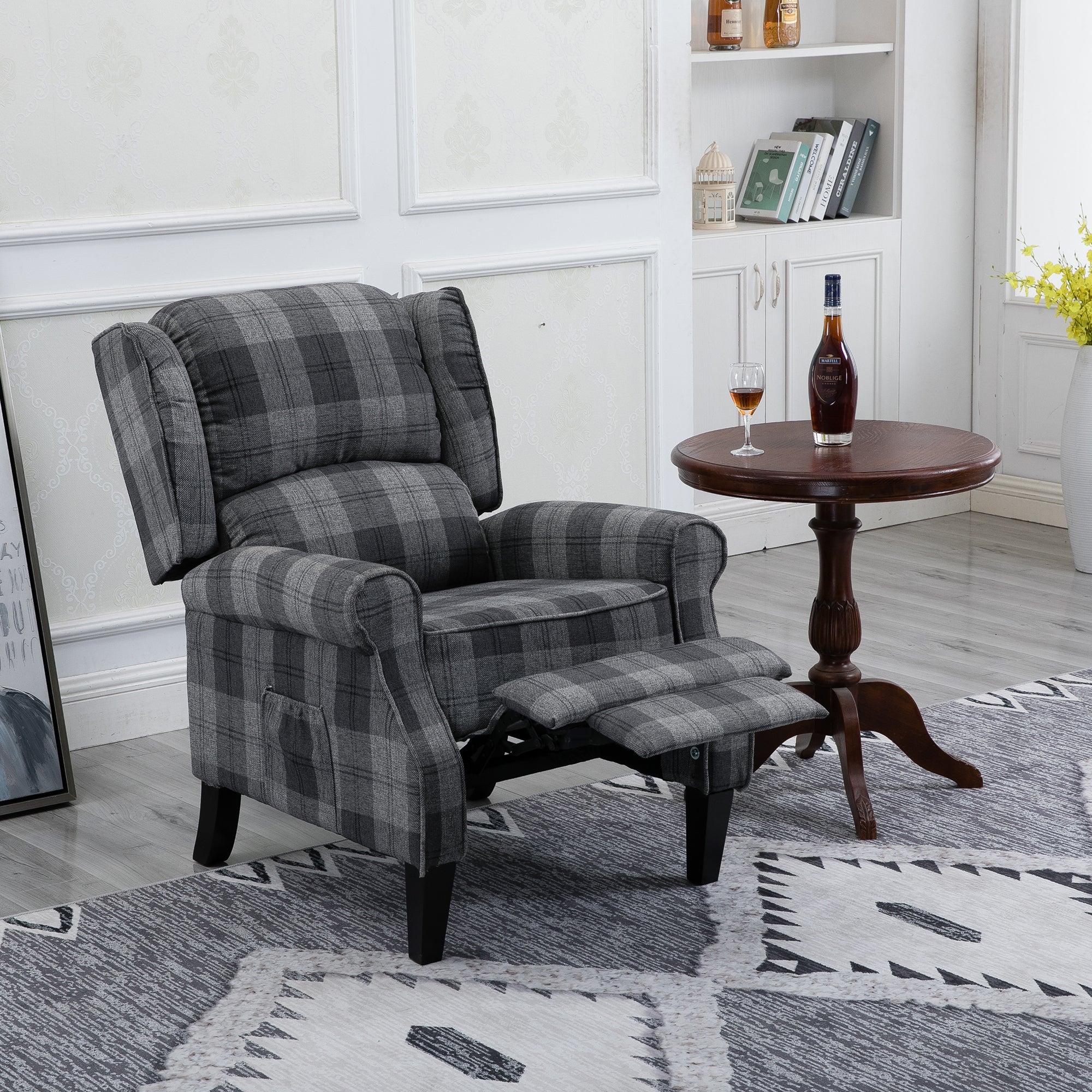 Gray Check Upholstered Recliner Chair with Adjustable Footrest and Side Pocket C748