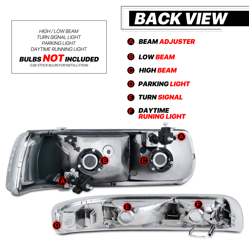 Headlights Assembly with LED Tube DRL for Chevy Silverado Suburban Tahoe Truck F59596