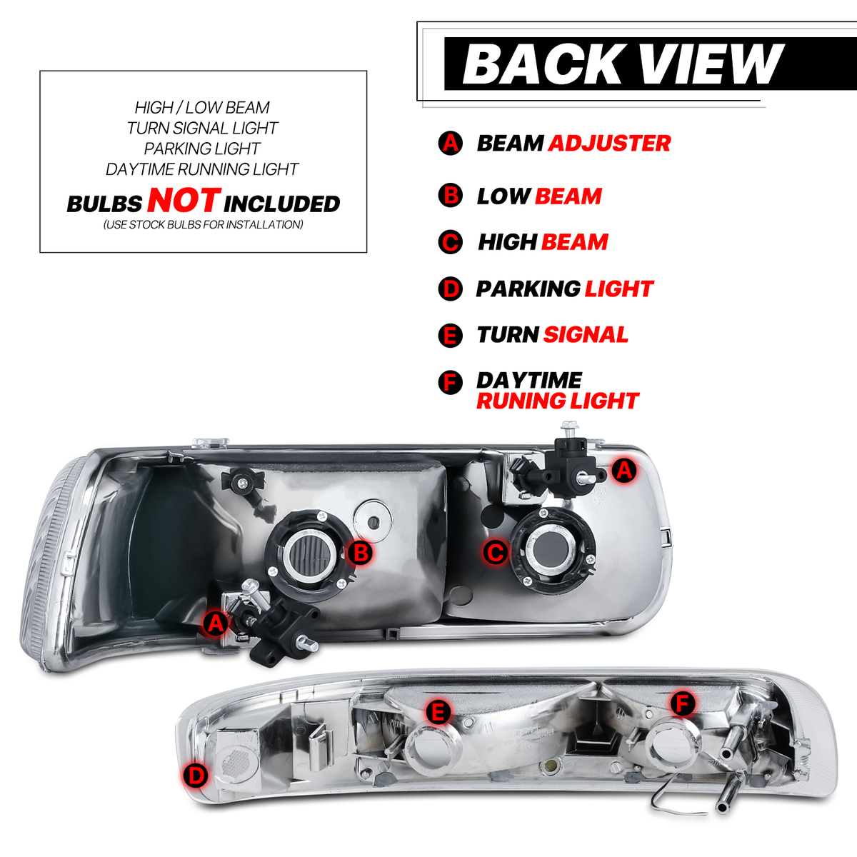 Headlights Assembly with LED Tube DRL for Chevy Silverado Suburban Tahoe Truck F59596