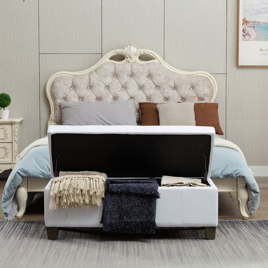 Beige Faux Leather Rectangle Ottoman with Storage J8752