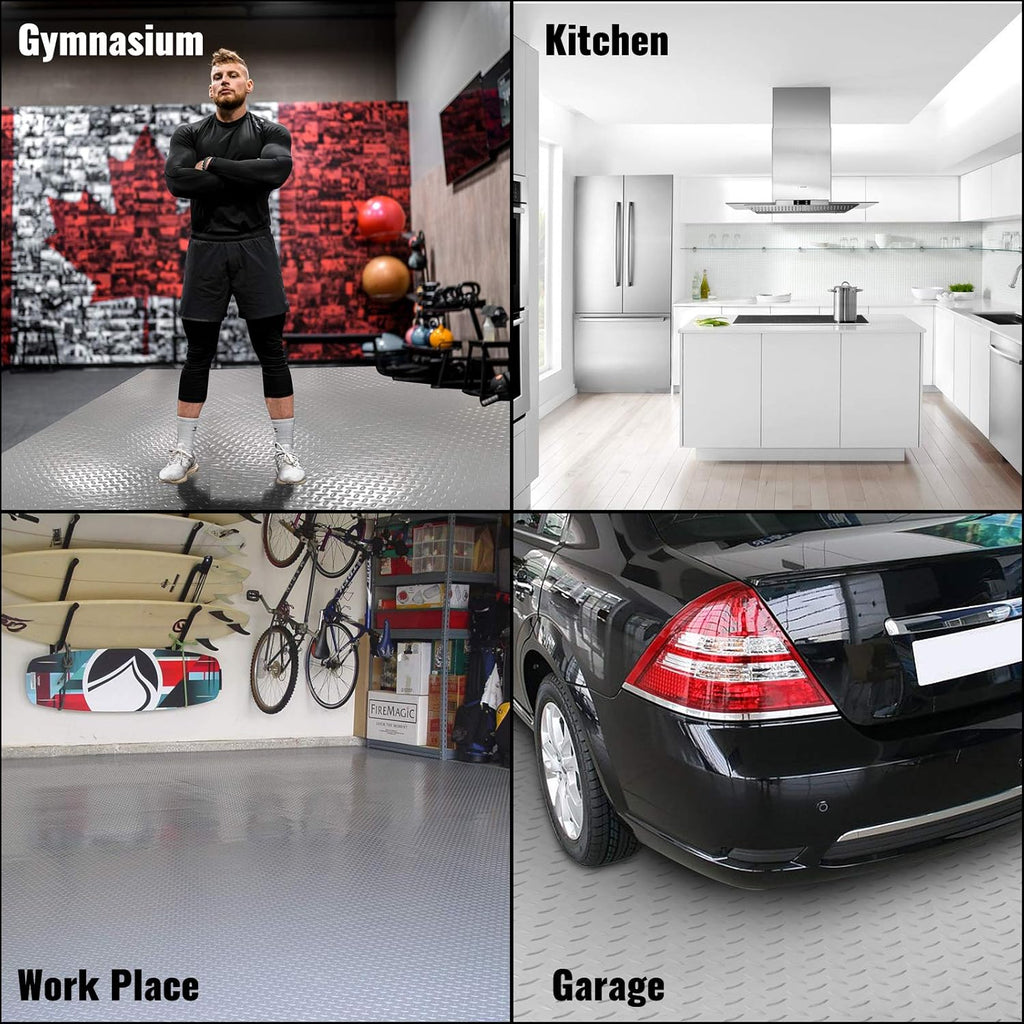 Vinyl Garage Floor Mat 4.9x13ft Anti-Slide Diamond Texture Silver PVC Garage Flooring Roll D815