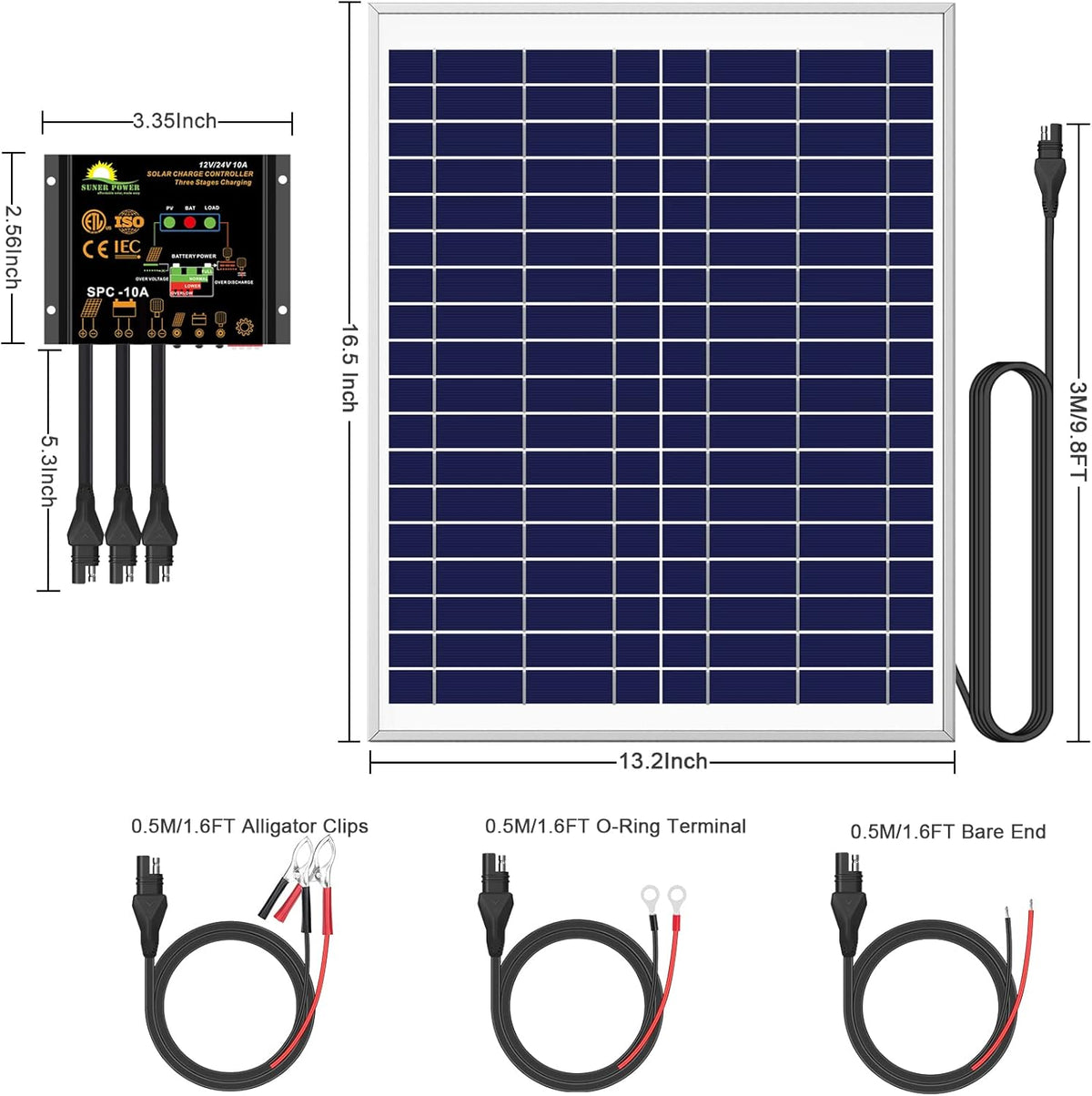20W Poly Crystalline 12V Solar Panel Kit with 10A Charge Controller and 3-PCS SAE Cable Adapters R17871