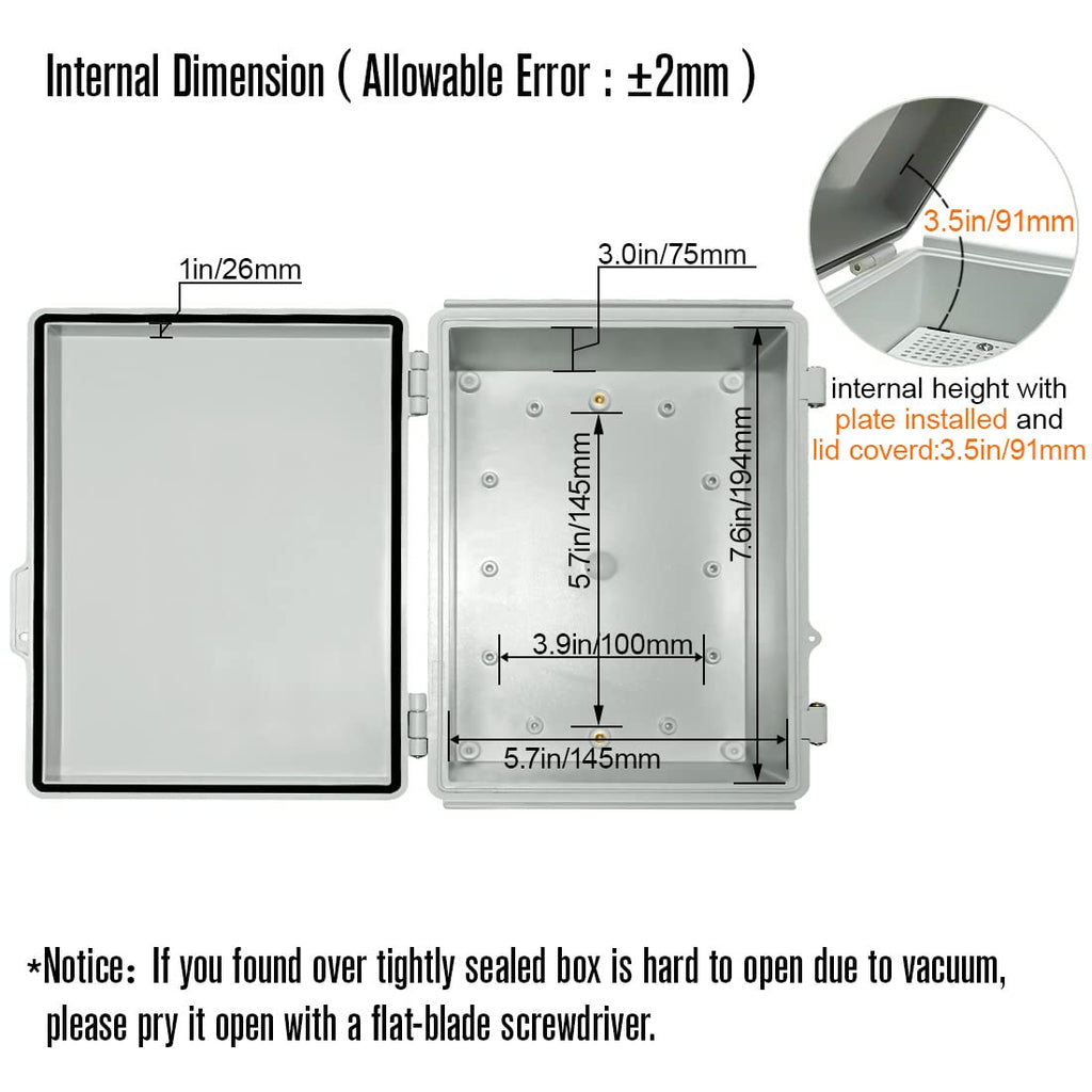 ABS Junction Box Hinged Cover Stainless Steel Latch IP67 Waterproof Plastic Universal Enclosure 8.7x6.7x4.3 inch P639