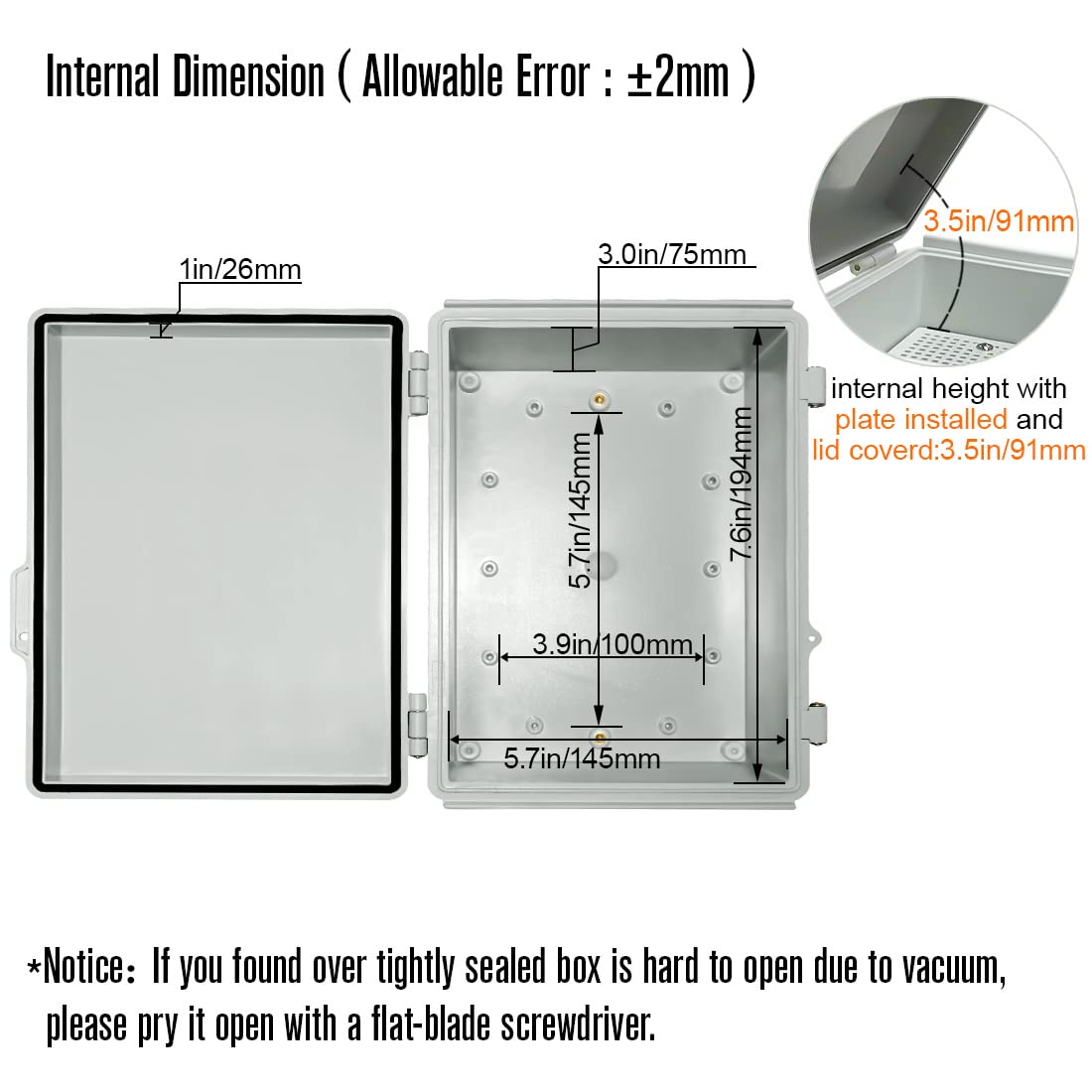 ABS Junction Box Hinged Cover Stainless Steel Latch IP67 Waterproof Plastic Universal Enclosure 8.7x6.7x4.3 inch P639