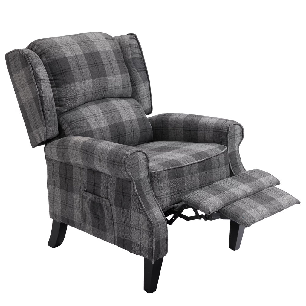 Gray Check Upholstered Recliner Chair with Adjustable Footrest and Side Pocket C748