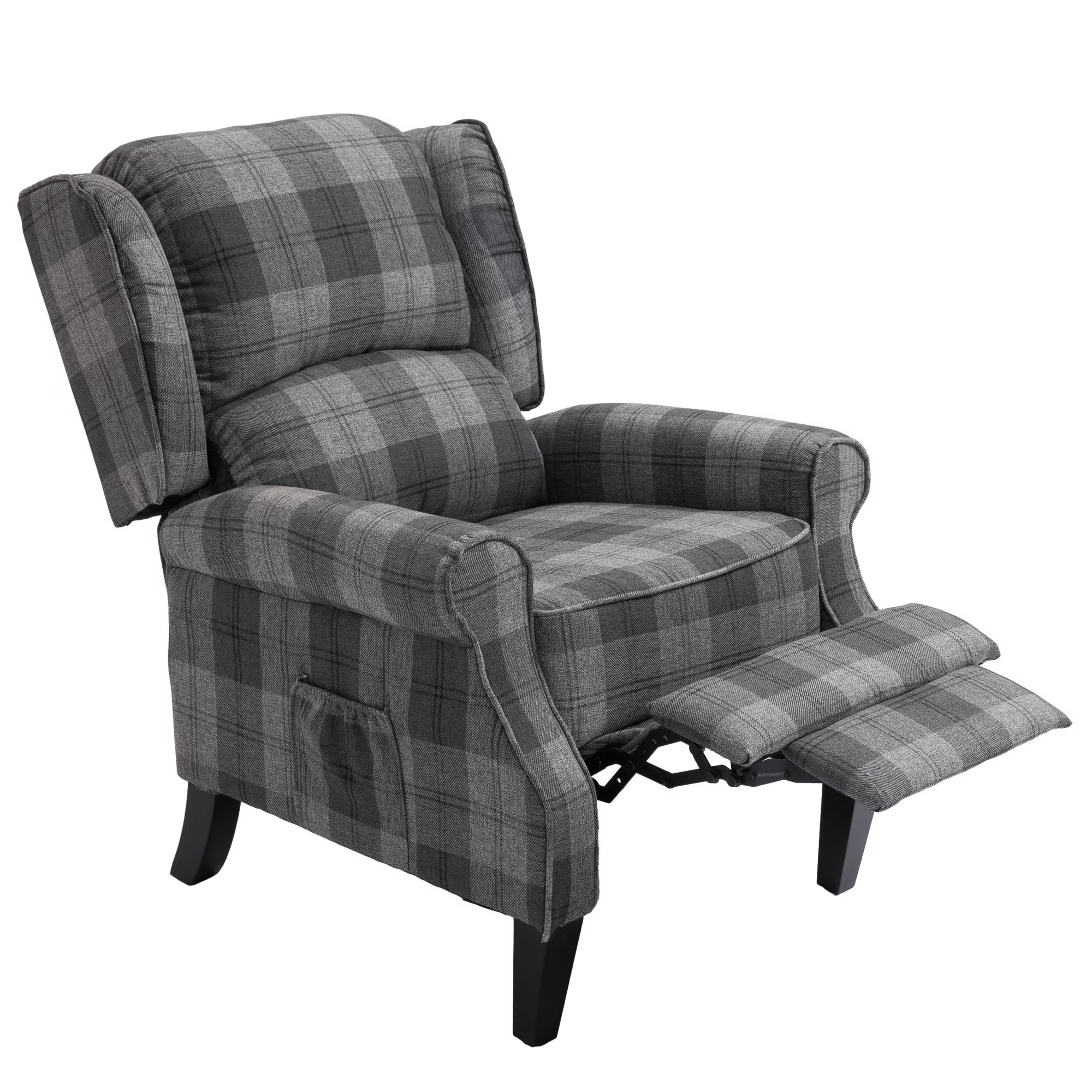Gray Check Upholstered Recliner Chair with Adjustable Footrest and Side Pocket C748