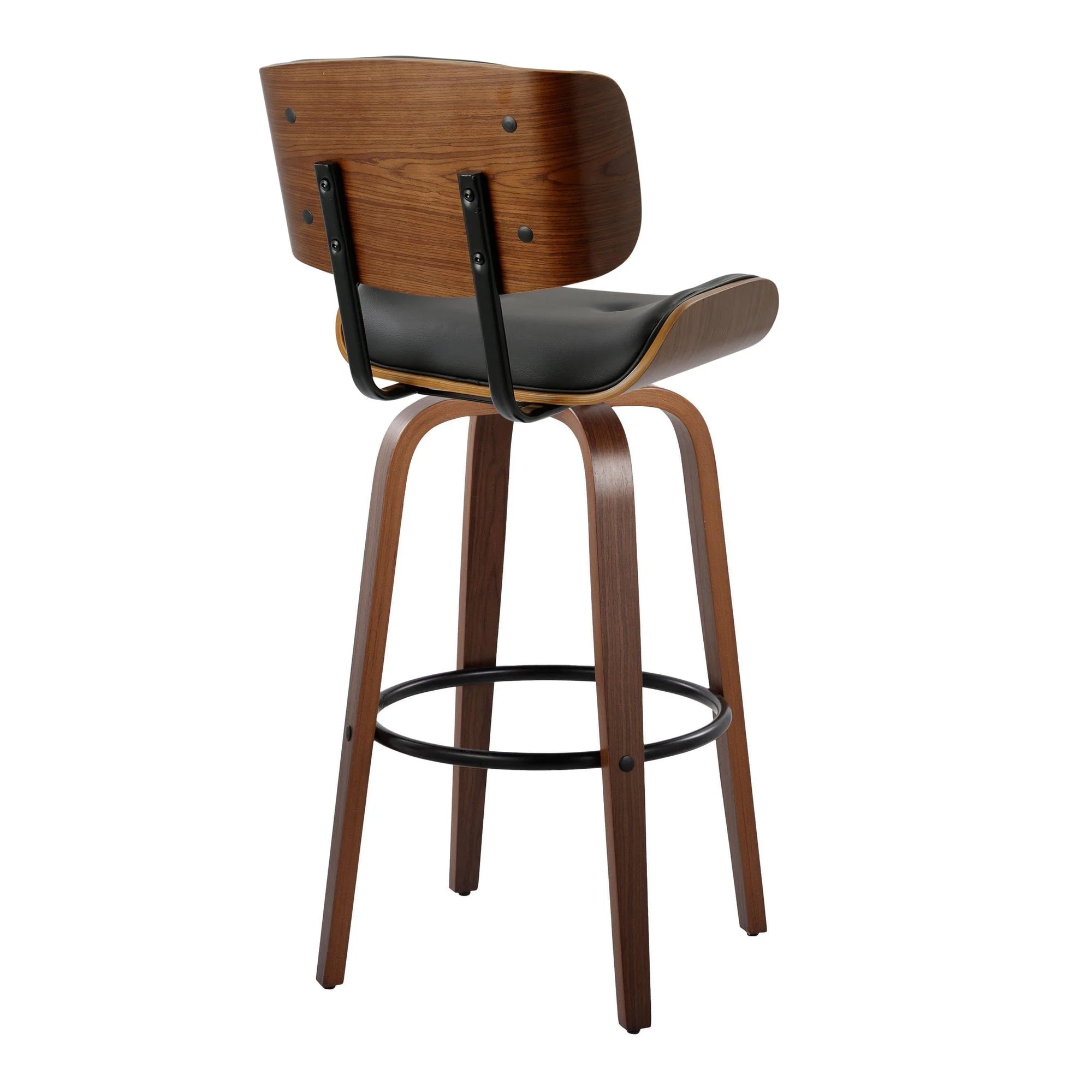 30" Mid-Century Modern Fixed-Height Barstool with Swivel in Walnut Wood and Black Faux Leather with Round Black Metal Footrest - Set of 2 T22571
