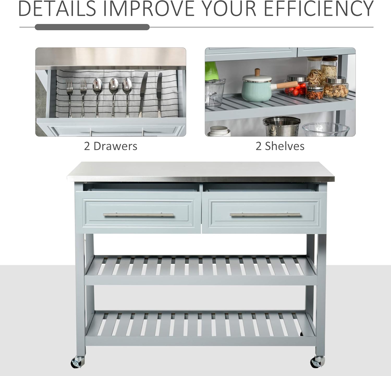 Grey Stainless Steel Top Rolling Utility Cart with Drawers and Shelves P3055