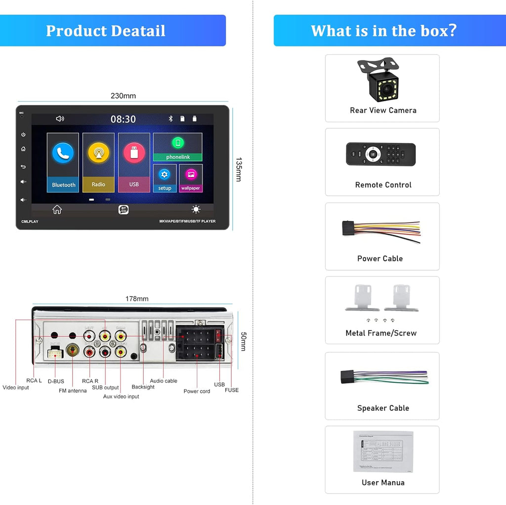 9 Inch Single Din Car Stereo with Carplay Touch Screen Bluetooth Car Radio W8120