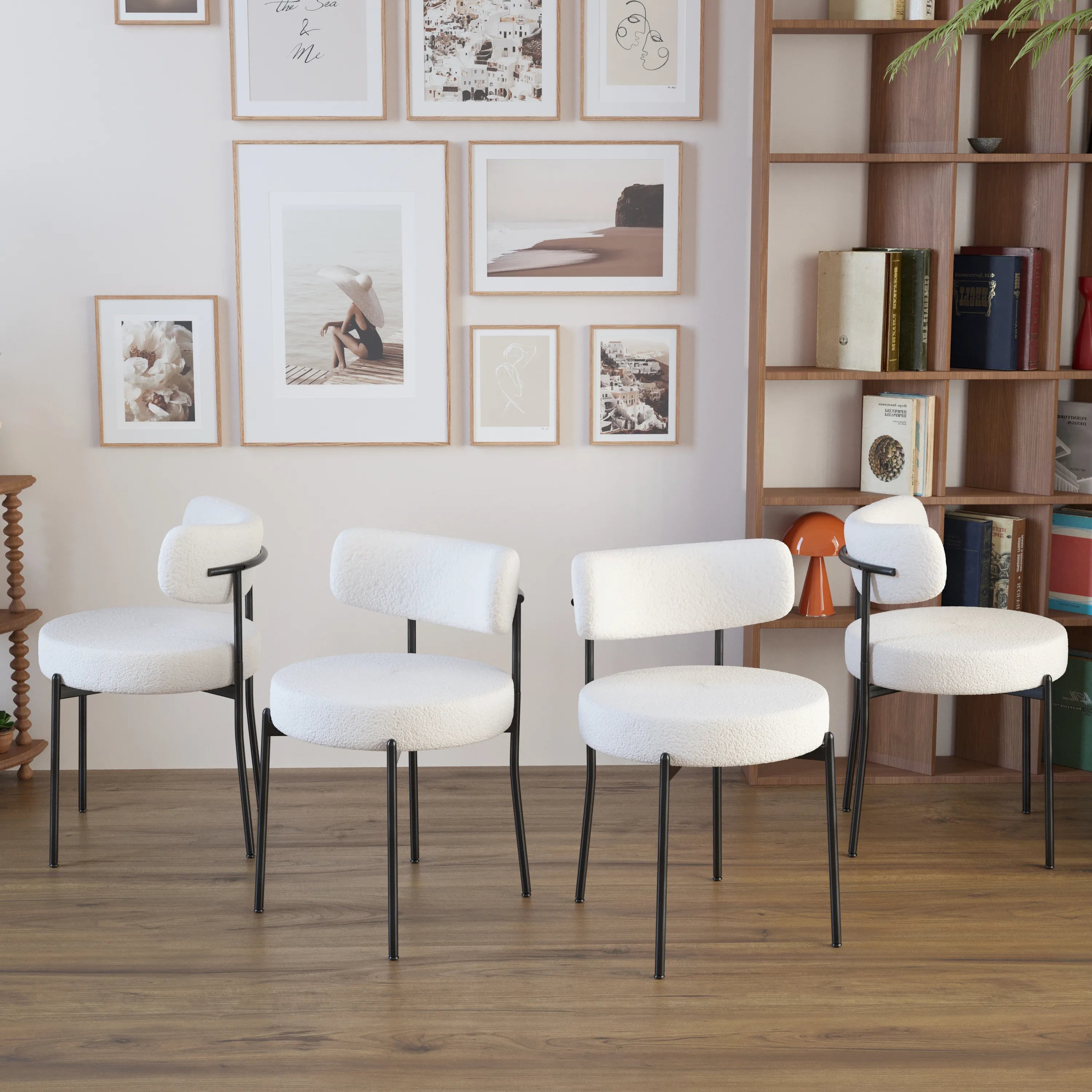 White Boucle Upholstered Dining Chairs Set of 4 with Black Metal Legs J262