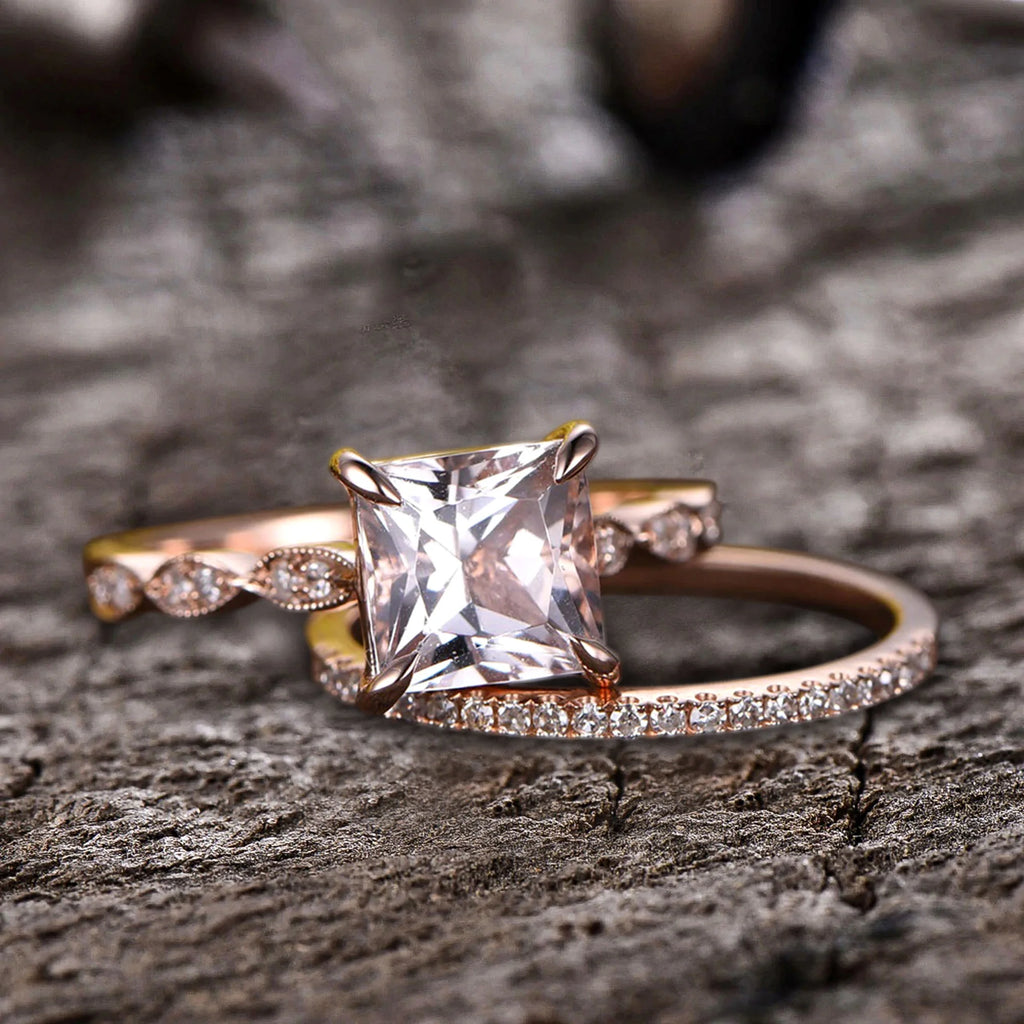 10k Rose Gold Morganite Diamond Moissanite Wedding Set L17285