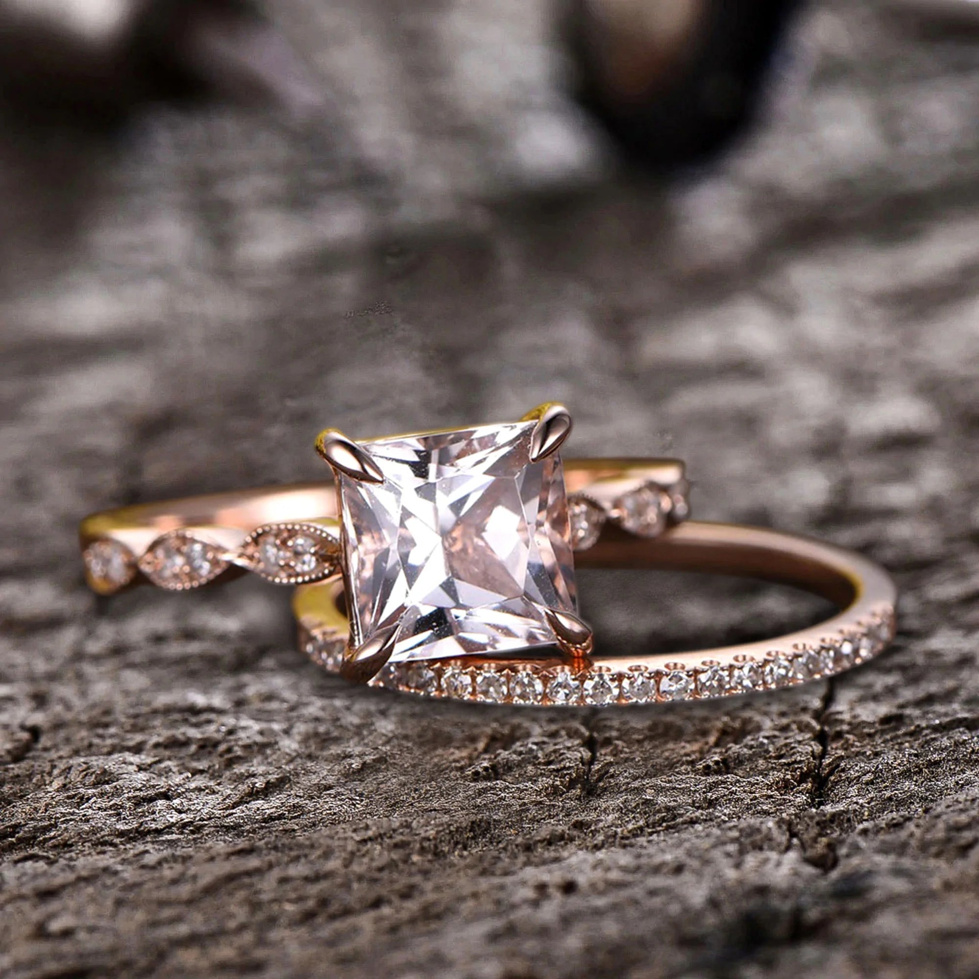10k Rose Gold Morganite Diamond Moissanite Wedding Set L17285