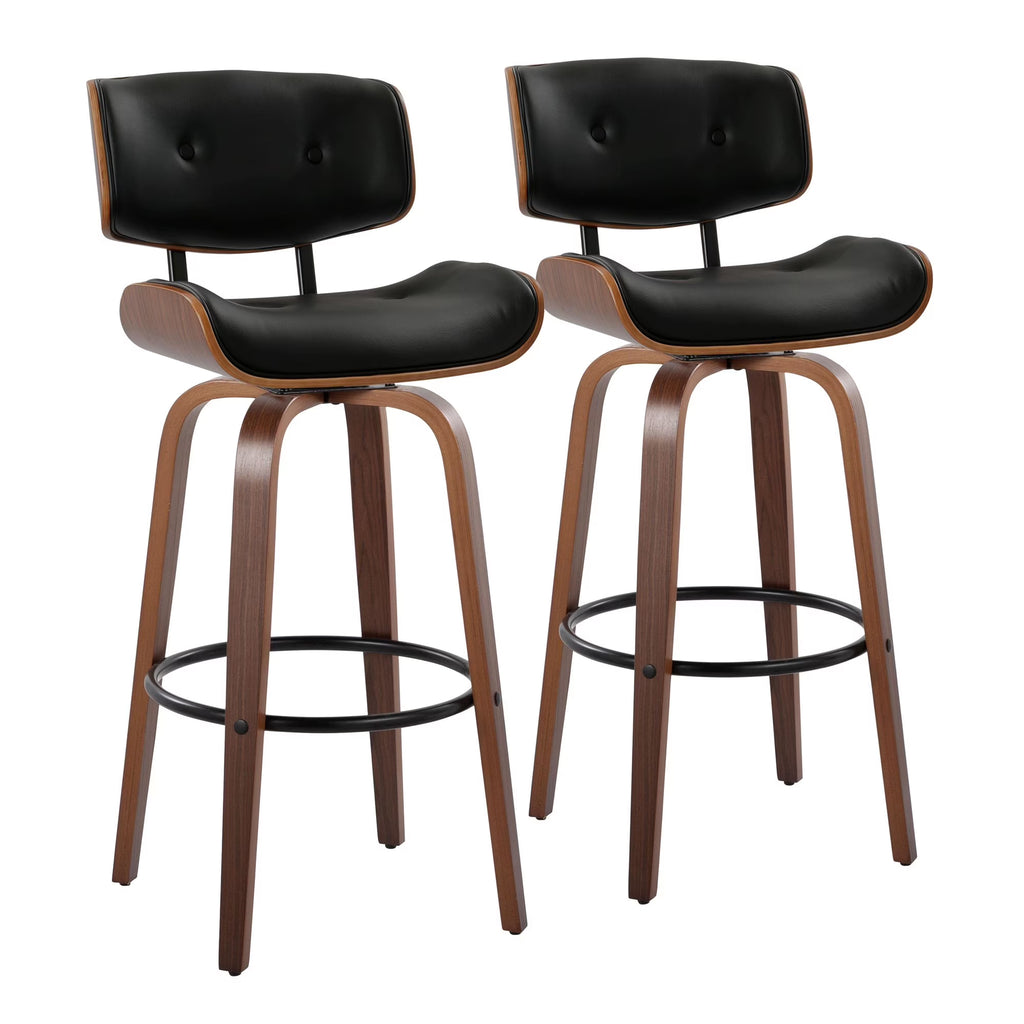 30" Mid-Century Modern Fixed-Height Barstool with Swivel in Walnut Wood and Black Faux Leather with Round Black Metal Footrest - Set of 2 T22571