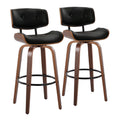 30" Mid-Century Modern Fixed-Height Barstool with Swivel in Walnut Wood and Black Faux Leather with Round Black Metal Footrest - Set of 2 T22571