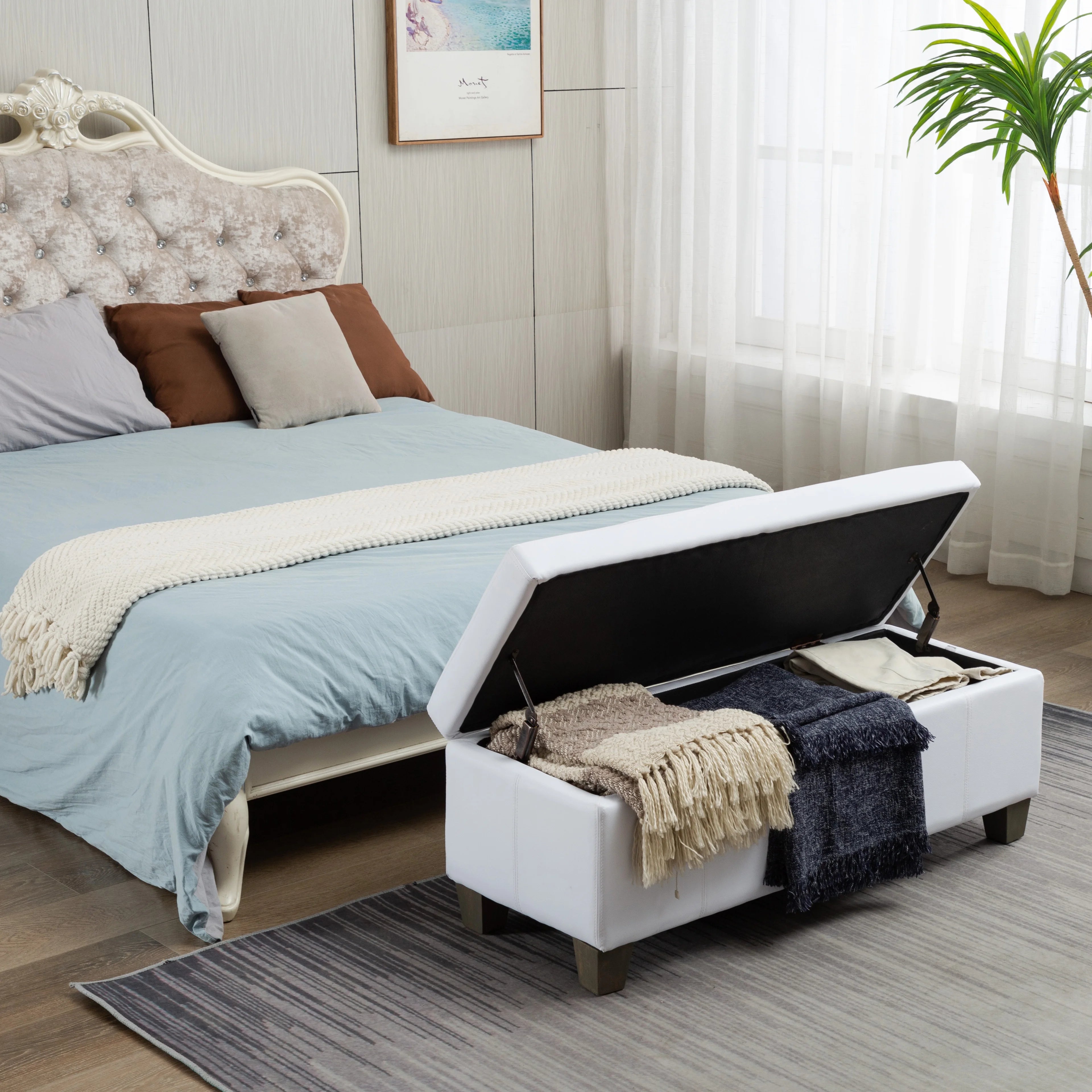 Beige Faux Leather Rectangle Ottoman with Storage J8752