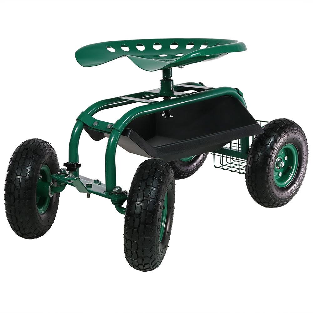 Green Rolling Garden Cart with Steering Handle, Swivel Seat & Basket K525