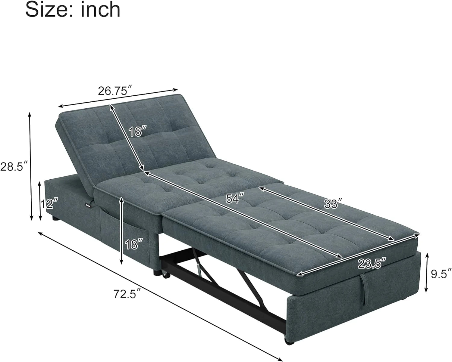 Convertible Sofa Bed with Storage Pocket, USB Ports, Foldable Ottoman Single Sleeper Sofa Chair, Deep Blue S616501