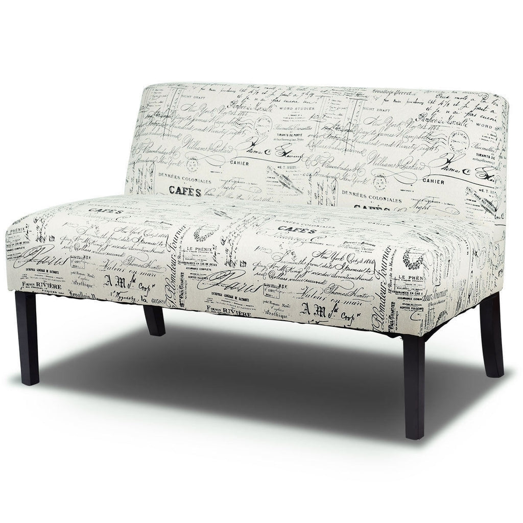 Off-White Cursive Pattern Loveseat Sofa with Black Wood Legs Y418617