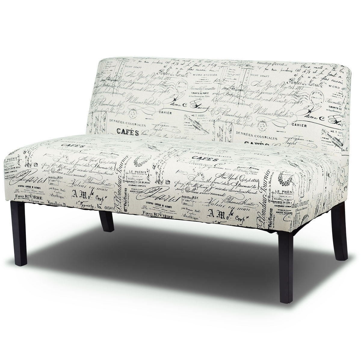 Off-White Cursive Pattern Loveseat Sofa with Black Wood Legs Y418617