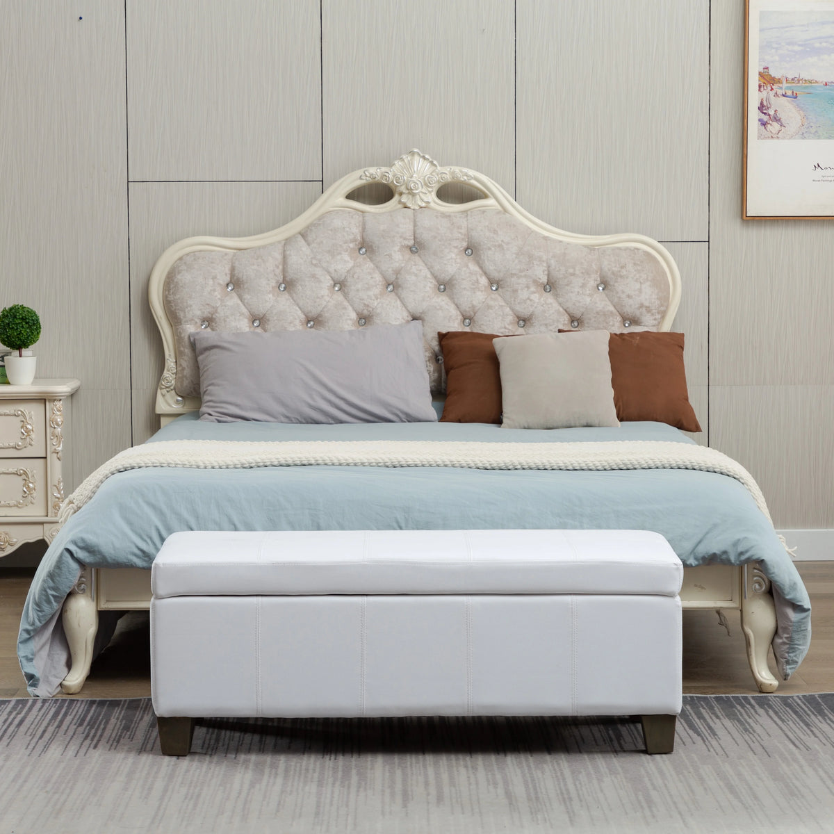 Beige Faux Leather Rectangle Ottoman with Storage J8752