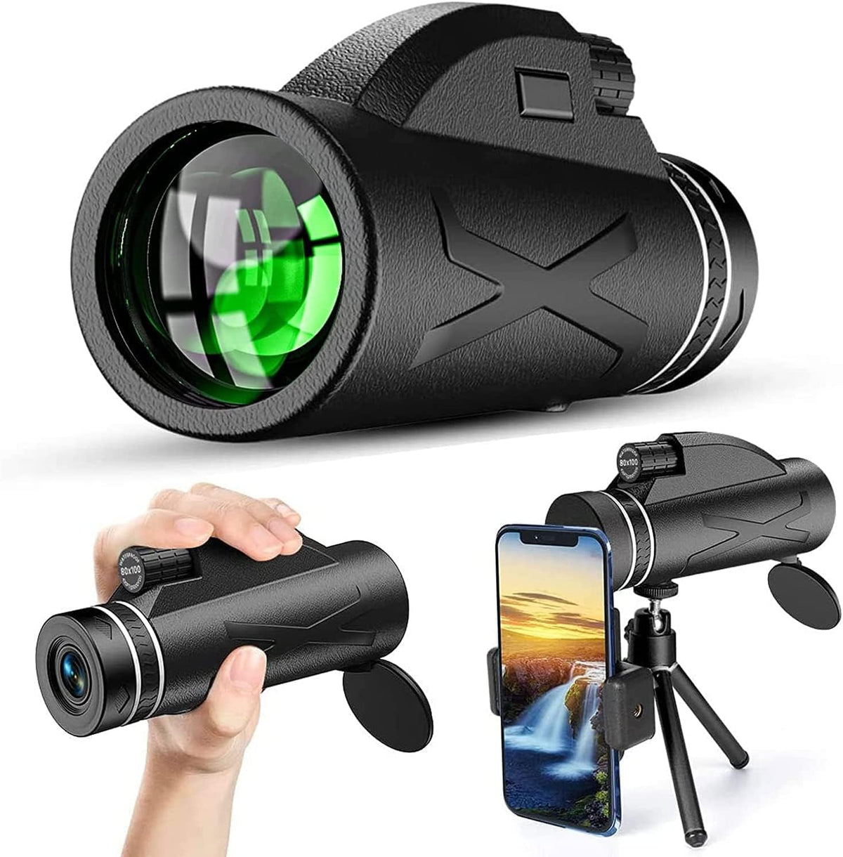 80x100 Compact High Power Monocular with Smartphone Holder and Tripod I9861