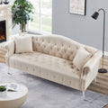 Beige Velvet Three-seat Sofa with Roll Armrest and Metal Legs M86338