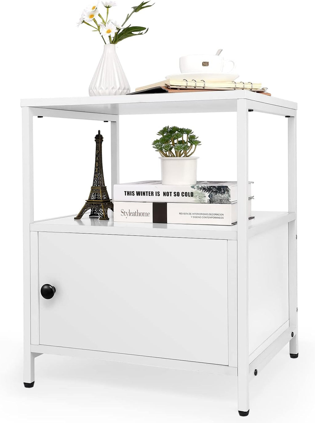 Black Wooden Nightstand with Storage Cabinet and Open Shelf P387625