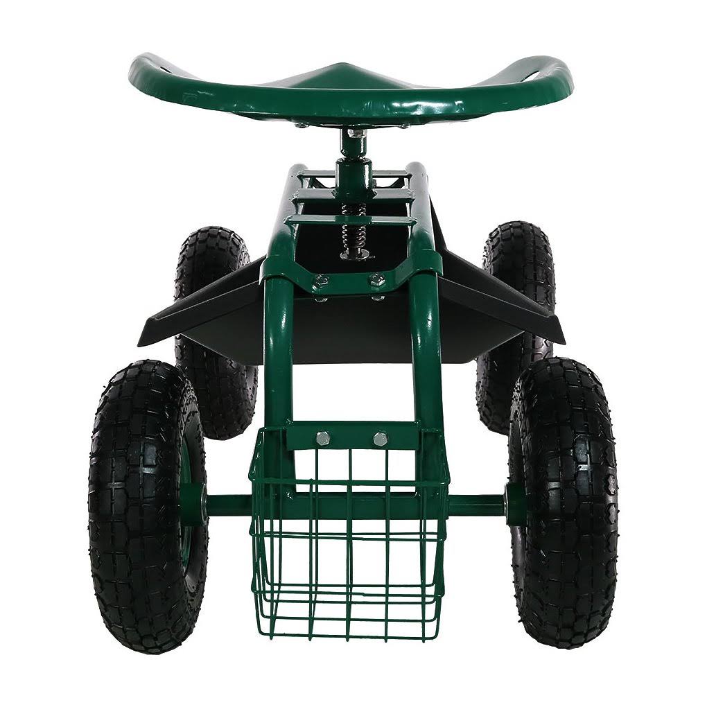 Green Rolling Garden Cart with Steering Handle, Swivel Seat & Basket K525