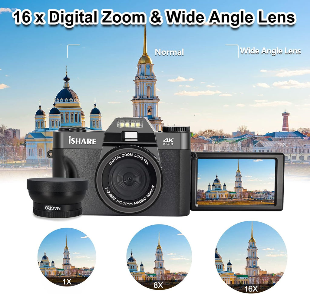 4K 48 MP WiFi Digital Camera with 16X Digital Zoom 3.0 Inch Flip Screen (32GB & 2 x Batteries) J686004