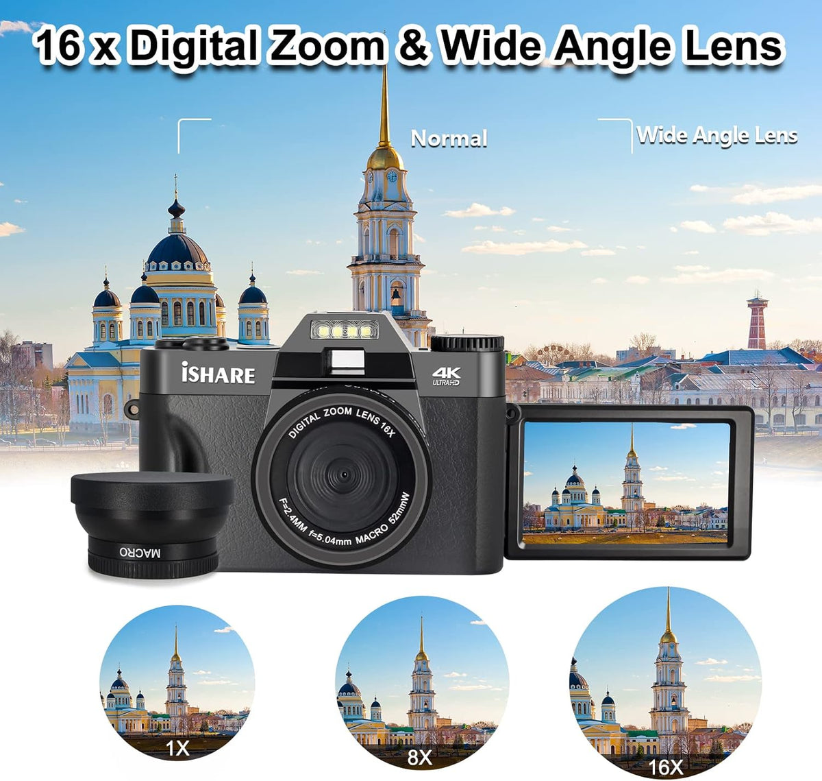 4K 48 MP WiFi Digital Camera with 16X Digital Zoom 3.0 Inch Flip Screen (32GB & 2 x Batteries) J686004