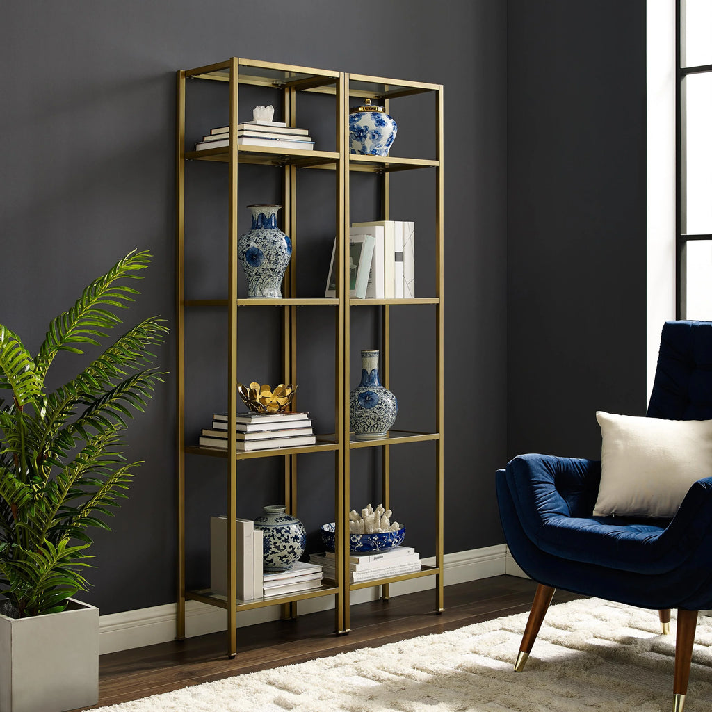 Soft Gold Metal Glass Etagere Bookcase Set of 2 F2779