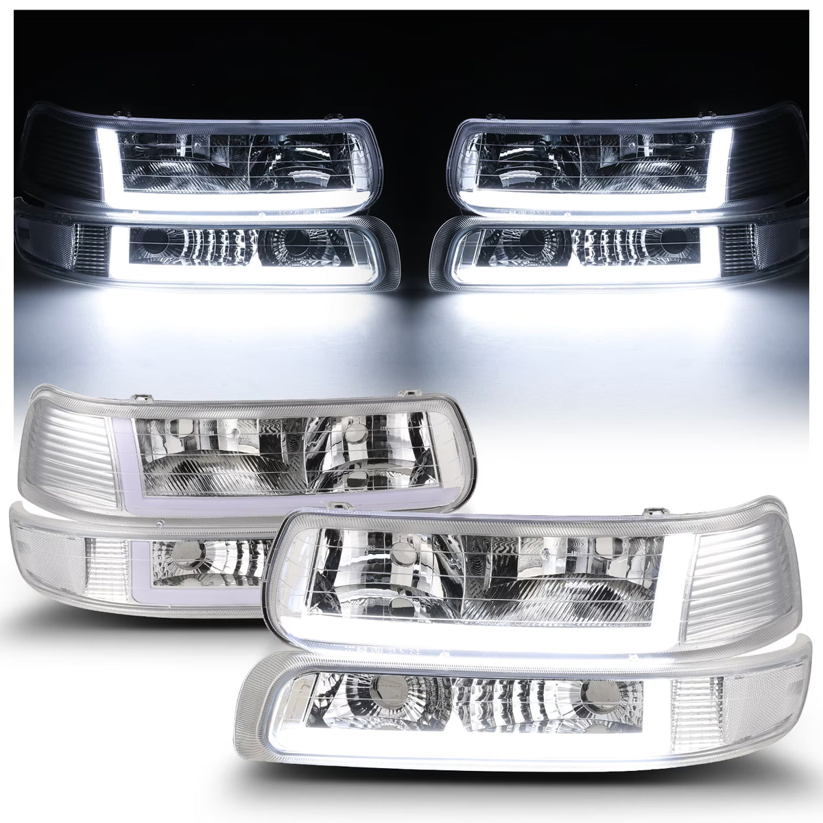 Headlights Assembly with LED Tube DRL for Chevy Silverado Suburban Tahoe Truck F59596