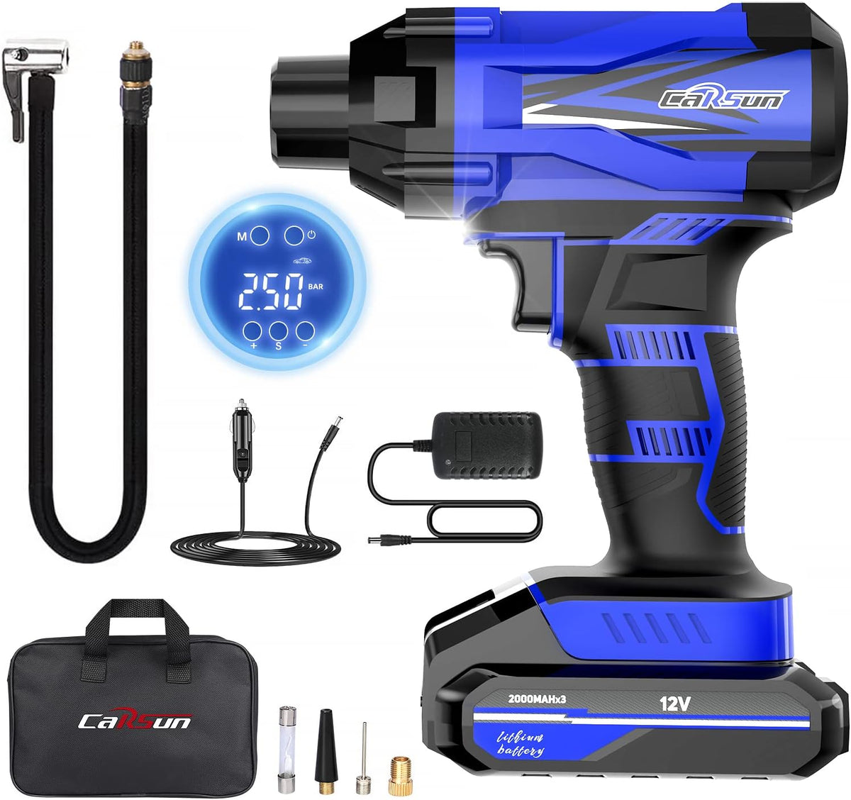 Cordless Tire Inflator Air Compressor, 12V Car Tire Pump with Rechargeable Li-ion Battery 150PSI Portable Handheld Air Pump with Digital Pressure Gauge, Blue Pack of 2 R328