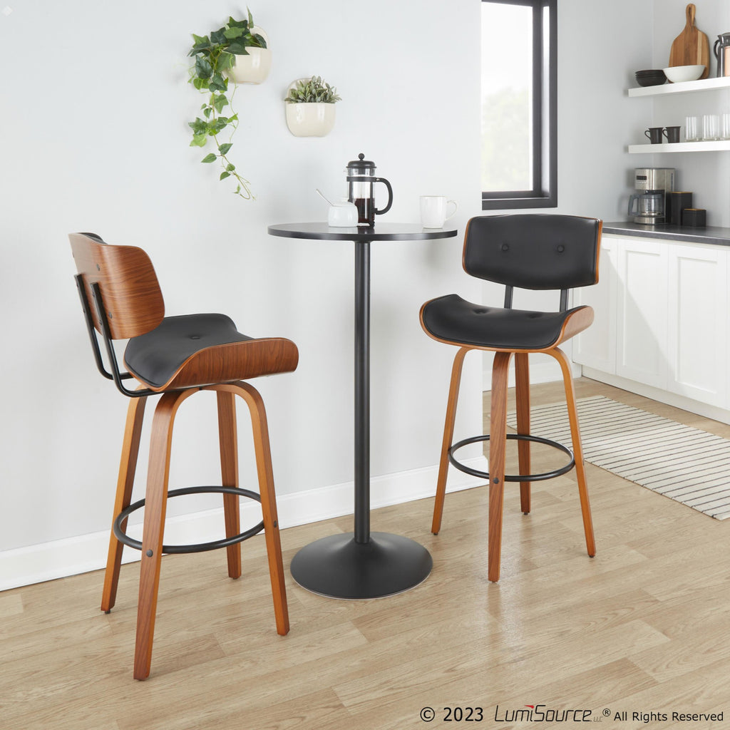 30" Mid-Century Modern Fixed-Height Barstool with Swivel in Walnut Wood and Black Faux Leather with Round Black Metal Footrest - Set of 2 T22571
