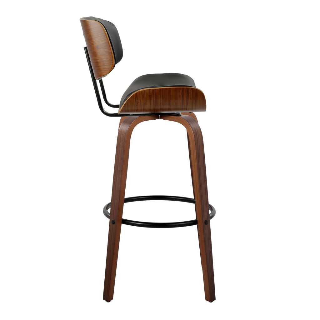 30" Mid-Century Modern Fixed-Height Barstool with Swivel in Walnut Wood and Black Faux Leather with Round Black Metal Footrest - Set of 2 T22571