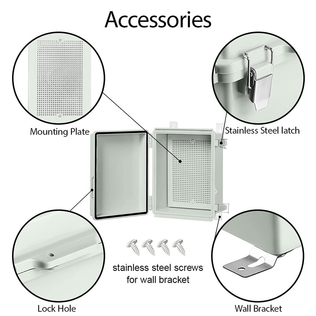 ABS Junction Box Hinged Cover Stainless Steel Latch IP67 Waterproof Plastic Universal Enclosure 8.7x6.7x4.3 inch P639