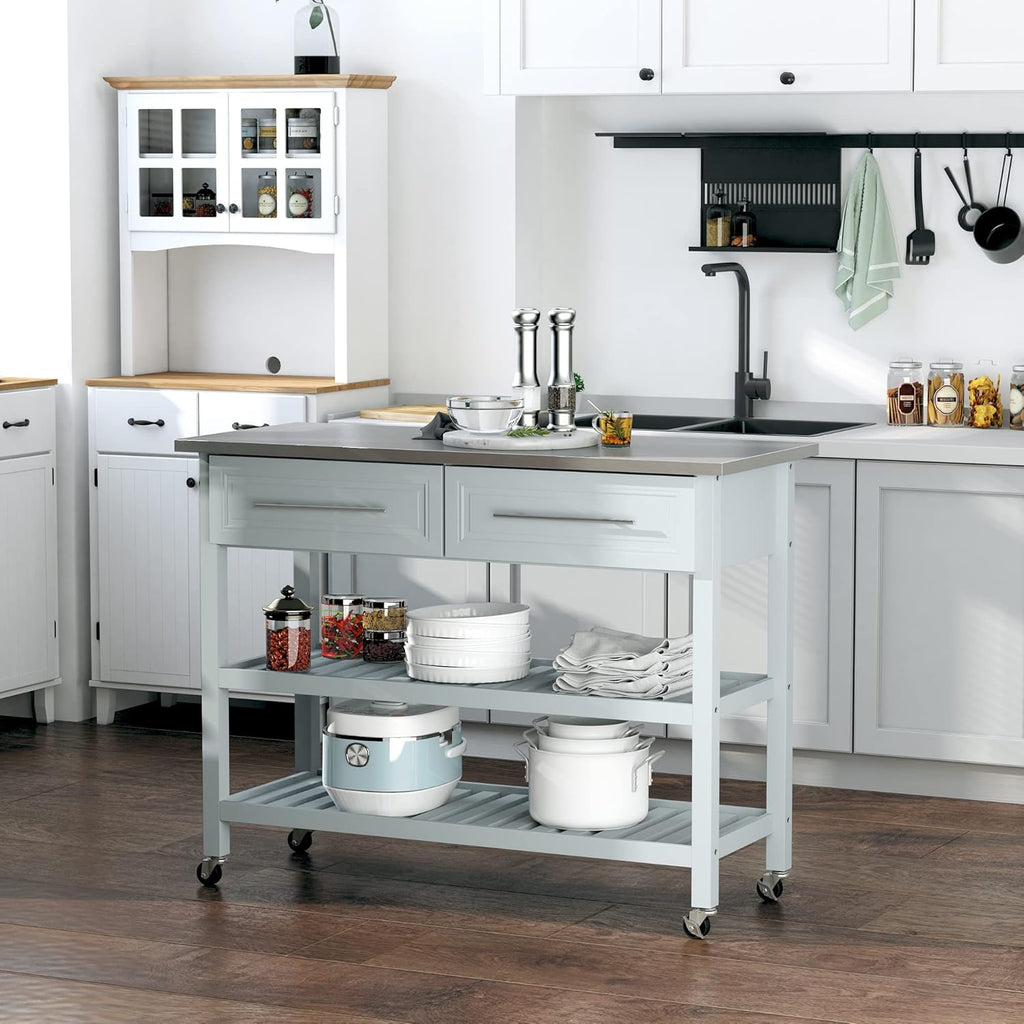 Grey Stainless Steel Top Rolling Utility Cart with Drawers and Shelves P3055