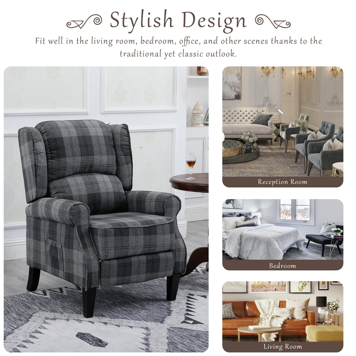 Gray Check Upholstered Recliner Chair with Adjustable Footrest and Side Pocket C748