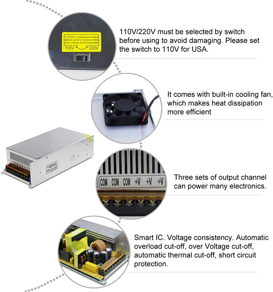 12V 40A 480W Switch Mode Power Supply LED Driver AC 110V / 220V to DC 12 Volt Converter Pack of 2 S8730